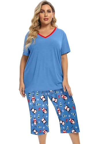 Image of Vozanet Women's Pajamas Set Soft V Neck Sleepwear Top and Capri Pj Lounge Sets Cartoon Heart Shape Cat Nighty Plus Size