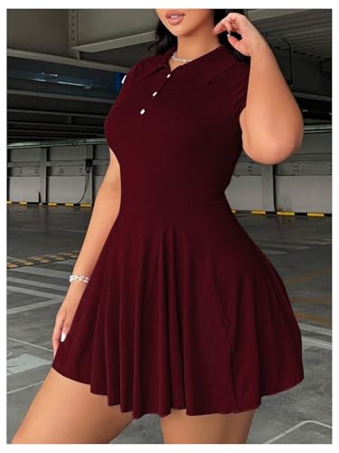 Image of RoseSeek Women's Plus Size Ribbed Knit Golf Dress Button Front Short Sleeve A Line Collared Shirt Dresses