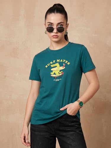 Image of JUNEBERRY Women's Regular Fit Printed Tee - 100% Pure Cotton, Round Neck, Half Sleeve Graphic T-Shirt for Daily Use (Colors: Red, Brown, Green & Future Dusk)