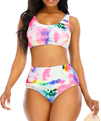 Womens High Waisted Bikini Tie Dye Bandeau Top Rainbow Sports Style Low Scoop Crop Swimsuits Two Piece Bathing Suits, Red, M #TOP3