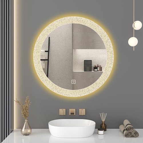 Espejo de baño redondo iluminado con LED de 60 cm, espejo Vani de 3 colores, luz táctil regulable, espejo de maquillaje con E en T blanco para decoración del hogar
