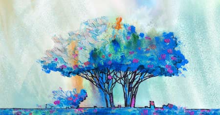 Tableau acrylique plein air aux arbres colorés : l'évasion artistique murale
