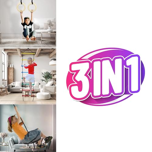Image of VIXERA Playing Equipment for Kids 3 in 1, Disc Swing Set with Ninja Rope Ladder & Trapeze Bar with Rings for Kids Climbing Swing, Indoor & Outdoor Play Structure