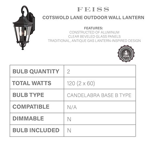 Image of Generation Lighting OL5401BK Cotswold Lane Outdoor Patio Lighting Wall Lantern, Black, 2-Light (9 Inch W x 21 Inch H), cETL Listed, Safety Rated for Wet Locations