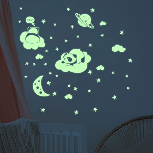 Sticker phosphorescent - Autocollant Fluorescent Lumineux Jusqu'à 5 heures de Suite - Décoration pour chambre bébé et Enfant - Adhésif Mural Fluo 50 étoiles et 2 pandas sur les nuages Cover