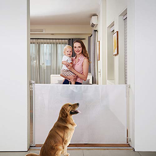 EasyBaby Extra Wide Retractable Baby Gate, 33\" Tall, Extends up to 71\" Wide, White/Child Safety Baby Gates, Pet Retractable Gates for Stairs, Doorways, Hallways, Indoor and Outdoor