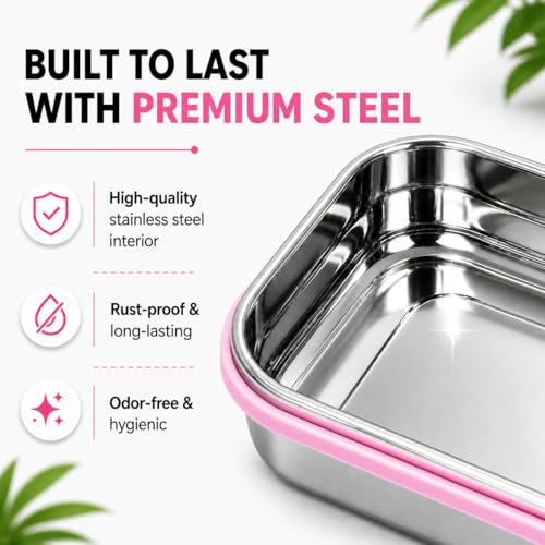 Image of Insulated Stainless Steel Lunch Box Combo Set 800ml with Airtight Leak-Proof Clip Lock Lid, Durable Lightweight Tiffin Box for Office School College Travel, Easy to Clean Food Container (Pink)