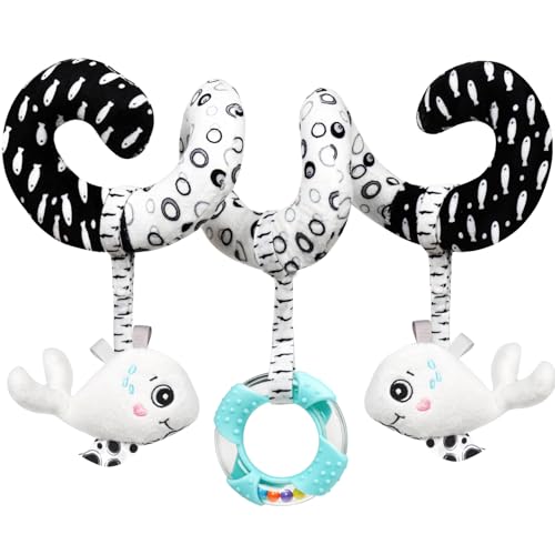 Image of GKDOMS Baby Spiral Hanging Stroller and Car Seat Toys Black and White High Contrast Sensory Toy Newborn Plush Activity Toys Party Favors Quality Gifts for Baby Shower Easter Basket Stuffers -Whale