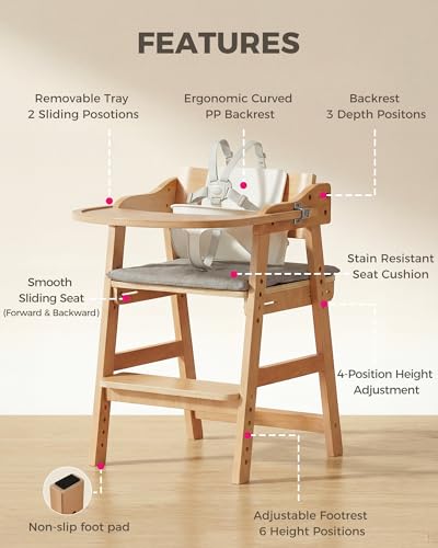 Image of ONTHEWEI Wooden Baby High Chair for Babies, Anti-Tip Adjustable High Chair with Detachable Tray
