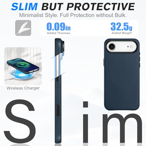 Image of SHIELDON Genuine Leather Case for iPhone Air 6.5 inch 2025, Navy Blue | for MagSafe, Magnetic Wireless Charging, Camera Button, Metal Buttons, Camera Bezel, Non-Slip, Shockproof, Anti-Scratch, Slim