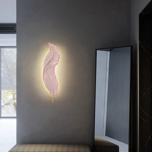 Home Room Decore LED Wall Light Sconce lamp Leaf/Feather Mounted Modern Decorative Wall Scone Light Lamp for Bedroom and Office Wall Decoration (Pink)