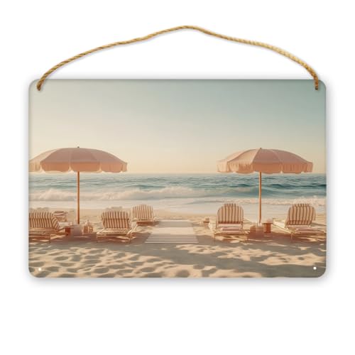 CDSASHCA Whimsical Beach Lounge Chair Arrangement Sign, Pinks Umbrellas, Striped Seats, Turquoise Waves & Relaxation Vibe Wood Art,12x8 Inch Farmhouse Plaque, Living Room Decor Signs