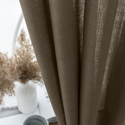 Image of Melodieux Brown Semi Sheer Curtains 84 Inches Long for Living Room Bedroom, Farmhouse Linen Look Shiny Sheer Curtain Drapes Rod Pocket Light Filtering Home Office, 52 inch W x 84 inch L, 2 Panels