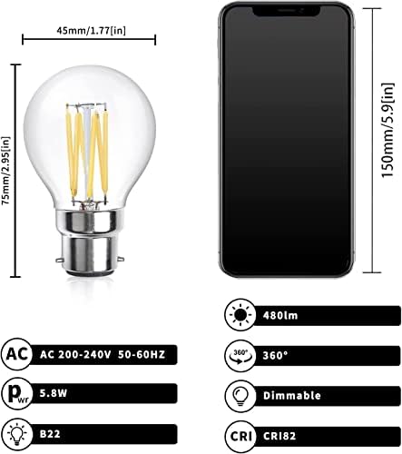 Bonlux 6W Dimmable B22 Golf Ball LED Filament Bulb, G45 B22 Bayonet BC Mini Globe Bulb, Warm White 2700K, 60W Incandescent Bulbs Equivalent, Vintage Classic Clear Glass Edison Lamp (4-Pack)