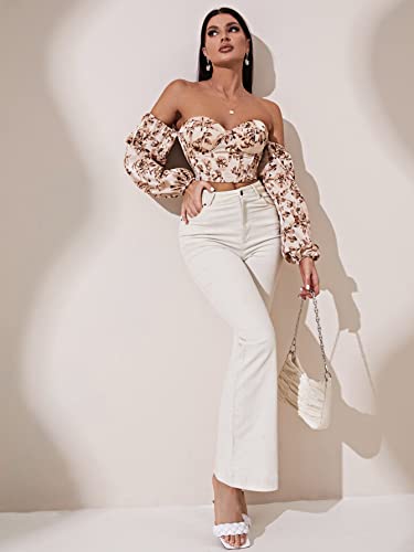 Makemechic Women's Floral Off Shoulder Long Sleeve Lace Up Bustier Crop Top Blouse Apricot L #TOP5