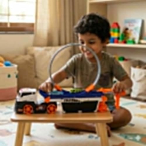 Image of Turbo Track Ejection Car Transporter Truck Toy with Stunt Loop & 2 Racing Cars | Light & Sound Multi-Level Launcher Vehicle Playset for Kids, Collectors & Adults