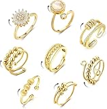 DASHUI 8 Stück Anti Stress Ring, Anxiety Ring Gold, Verstellbare Stressring für Damen Herren