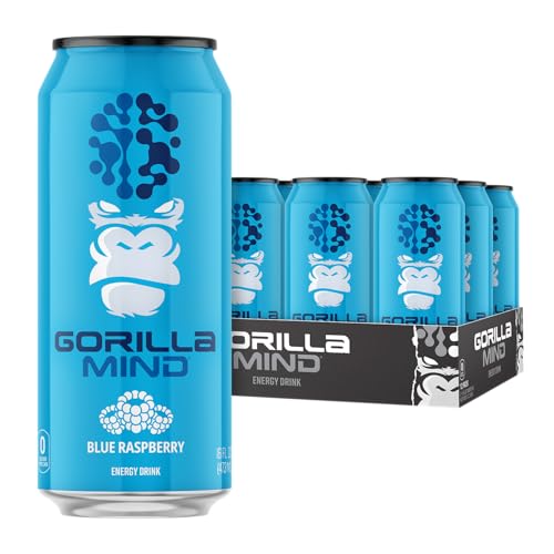 Gorilla Mind Energy Drink | Unmatched Energy · Amplified Focus | N-Acetyl-L-Tyrosine, Alpha-GPC, 200mg Caffeine, Uridine, Saffron | 0 Sugar Or Artificial Colors | 16oz, 12-Pack (Blue Raspberry)