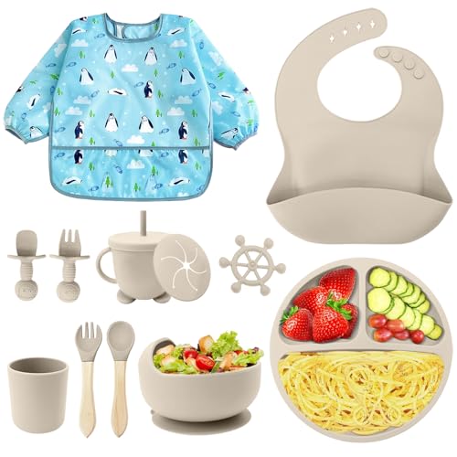 NATNAV Baby Geschirrset Silikon 11Stück Rutschfest Kindergeschirr Set mit Saugnapf,BPA Frei Esslernbesteck Sets mit Löffel Gabel Schüssel Lätzchen Becher Trinklernbecher Teller Beißstab Kittel Beige