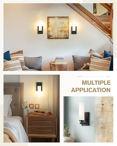 Image of Emak Black Sconces Set of 2, Modern Wall Lights with Milk Glass Shade, Farmhouse Vanity Lights for Bathroom, Living Room, Bedroom, Gallery, WS086-BK-ML-2PK
