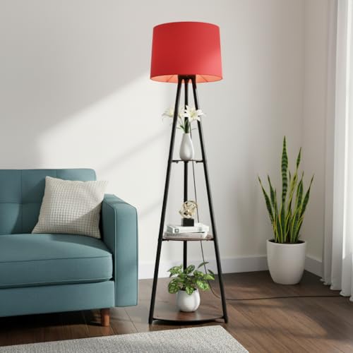 Image of Tripod Metal Floor Lamp with Shelves Stylish Standing Lamp for Living Room Decoration Bedroom Corner Stand Aesthetic Home Decor (Vivid Red) LED Bulb Included