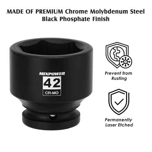 Image of MIXPOWER 3 /4 inch Drive Shallow Impact Socket, 42mm, CR-MO, Metric, 6 Point, Axle Nut Impact Grade Socket for Easy Removal