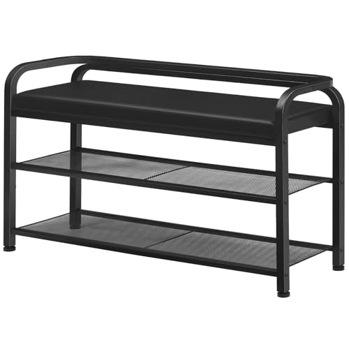 YATINEY YATINEY Shoe Bench with Backrest, 35.4" Long Entryway Bench, 2-Tier Shoe Rack with PU Padded Seat, Upholstered Shoe Storage Bench with Back, for Hallway, Entryway, Foyer, Bedroom, Black HX14