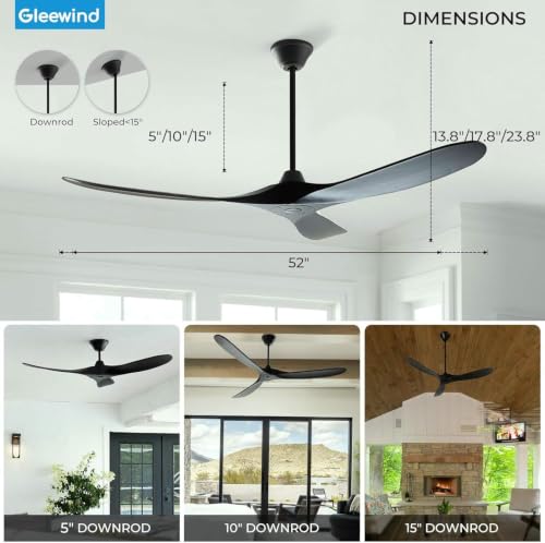 Image of Outdoor Ceiling Fan No Light for Patios, 52 In Black Ceiling Fan Without Light with Smart App & Remote Control, Damp Rated 3-Blade ABS Plastic, High CFM, Quiet DC Motor, Modern Indoor Porch Exterior