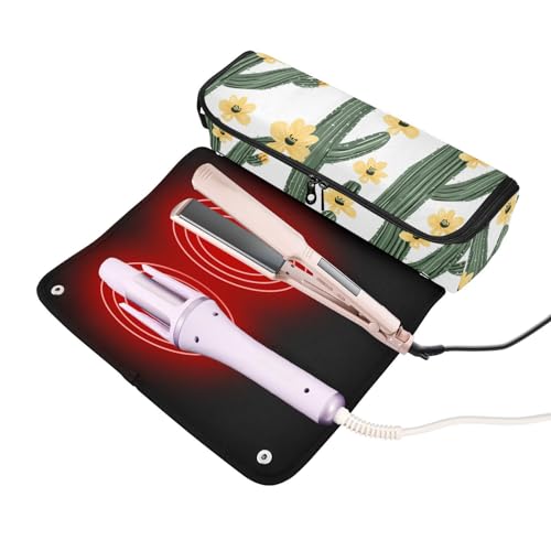 Organizador 2 en 1 para herramientas de cabello con cactus verde y flores amarillas, incluye base resistente al calor, bolsa portátil para planchas, rizadores y secadores de viaje para mujeres miniatura 2