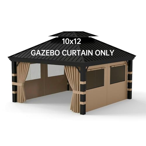 10x12 Gazebo Curtains Outdoor Waterproof 4-Panels Privacy Replacement Curtains with Net Windows & Zipper Universal Sidewall Replacement for Garden Patio Backyard (Curtain Only Khaki)