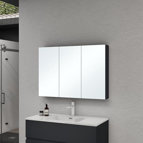 doporro Spiegelschrank Wandschrank mit Spiegel in matt Anthrazit 100x70 cm Hängeschrank Aufbewahrungsschrank für Badezimmer 3 Türen mit verstellbarem Regalbrett Spiegelschrank 02