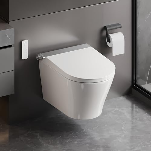 Dusch WC Wandhängend mit Bidet Funktion, WC mit Duschfunktion & Warmlufttrockner, Japanische Toilette mit Fernbedienung, Selbstreinigende Düse, Spülrandlos, Kompatibel mit Unterputz-Spülkasten