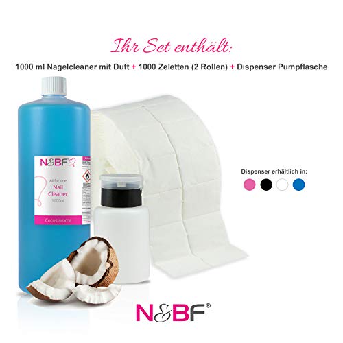 N&BF All for one Nagel Cleaner mit Cocos Duft 1000ml + Dispenser Pumpflasche (Schwarz) + 1000 Zelletten Pads (2 Rollen à 500 Stück) 70% Ethanol-Alkohol 1 Liter â für Gelnägel Nail-Cleaner – Bild 7