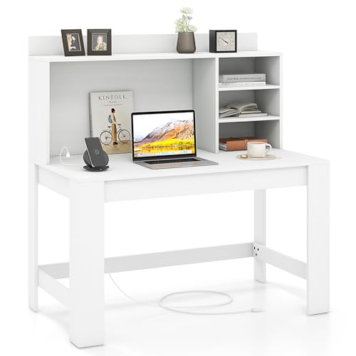 GIANTEX Computer Desk with Hutch, Modern Home Office Desk with Power Outlets, Storage Shelves & Cable Hole, Makeup Vanity Table, Study Writing Desk for Bedroom Office Small Space, White