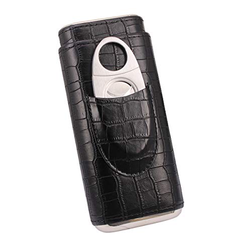 TOIKA 3 Tubes Classic Black Crocodile Pattern Leather Cigar Case Humidor with Cedar Wood Lined in Gift Box, Cigar Cutter Contained - Thumbnail 4