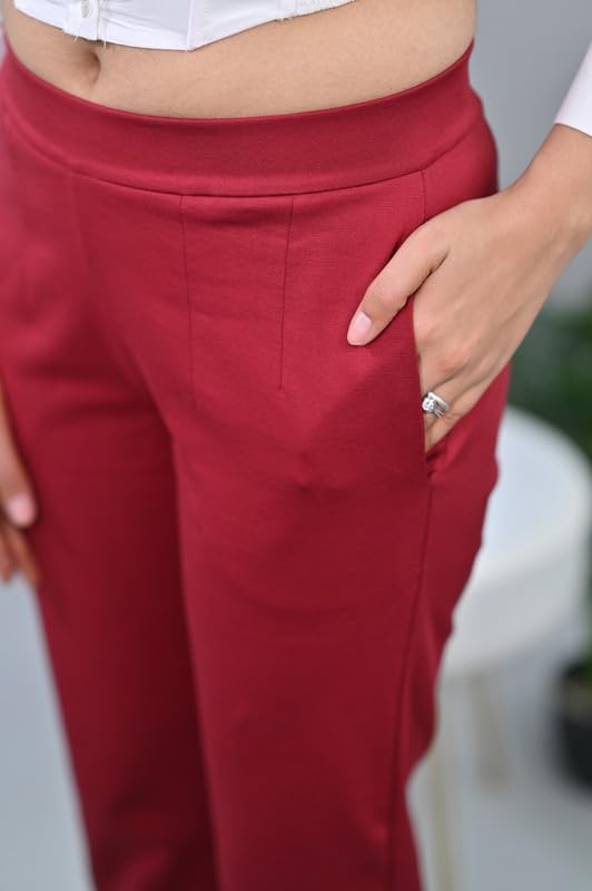 Image of Mlada Straight Fit Cigarette Pencil Pants Elastic Waist Band Mid High Waist Formal Office Trousers for Women, Pockets for Travel Stretch Cotton Knit Full Length Regular /Plus Size
