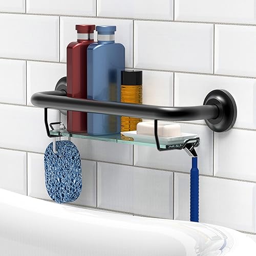 AmeriLuck Bath Safety Grab Bar with Tempered Glass Shampoo Shelf for Shower Wall and Bathtub, 250lbs Weight Support, 16inches Apart for Stud Mount, Stainless Steel Rustproof, Matte Black