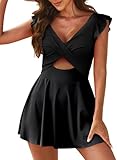 Aleumdr Women Cutout Ruffle One Piece Skirt Swimsuit V Neck Wrap Swimdress Tummy Control Bathing Suit Black Large