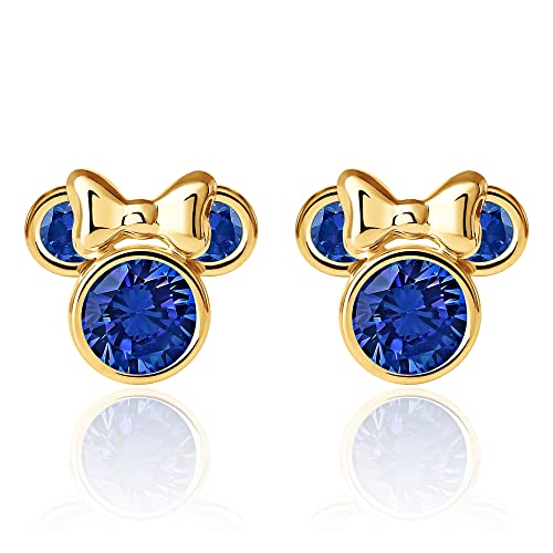 Disney Womens Minnie Mouse September Birthstone Earrings - Disney 10K Gold Stud Earrings - Faux Sapphire Earrings (September Dark Blue)