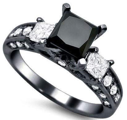 2.35ct Black Princess Cut 3 Stone Sim Diamond Wedding Engagement Ring 18K Black Gold Over For Womens