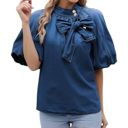 Camisa vaquera para mujer con cuello suelto, cinturón y detalle de lazo, blusa para mujer, Bu2., XXL