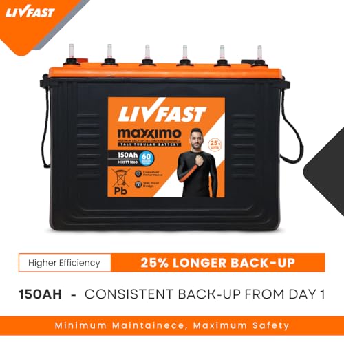 Image of Livfast Maxximo Short Tall Tubular High-Performance Battery MXSTT 1860 | 150 Ah | 60 Months Warranty | Durable Backup Power for Home and Office, Long-Lasting Backup