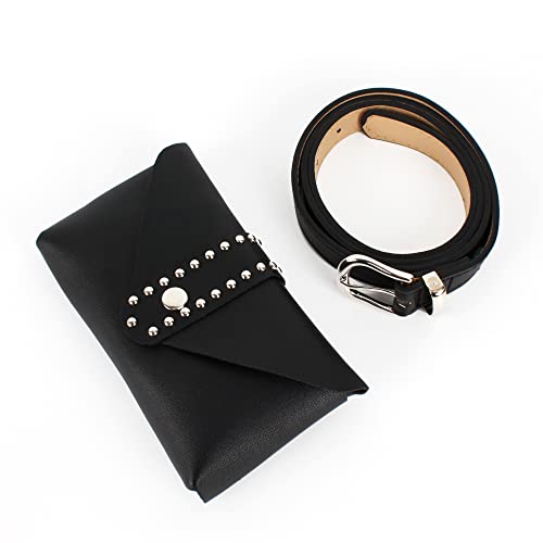 Women Mini Punk Rivet Fanny Pack Waist Bag with Belt Cellphone Pouch for Travel Workout Running Hiking
