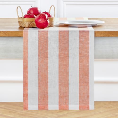 Solino Home Linen Table Runner 90 Inches Long - Cabana Stripe, 100% Pure Linen Salmon and White Farmhouse Table Runner 14 x 90 Inch for Dining, Spring, Summer by Solino Home - Used condition - US$10.39