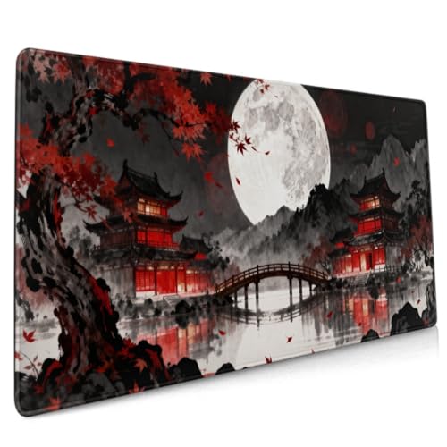Image of Watercolor Japanese Mouse Pad 35.4x15.7 XXL Black Red Lake Pavilion Tree Anime Design Extended Large Mousepad Keyboard Mouse Mat Desk Pad with Non-Slip Rubber Base Stitched Edges for Home Office Game