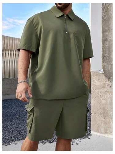 Men's Plus Size Two Piece Collared Neck Half Zipper T Shirts and Drawstring Shorts Clothing Set4