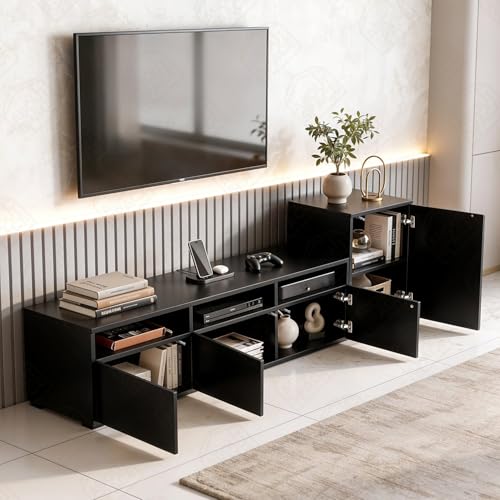 Image of ABOUT SPACE TV Unit - Engineered Wooden TV Stand 32 inch to 50 inch Cabinet with Bottom Closed /Open Storage, Adjustable Side Cabinet, Cable Hole for WiFi Router Stand Console Table for Living Room (Black)