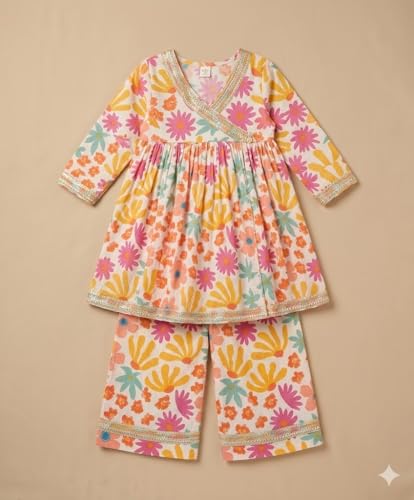 Image of A.T.U.N. (ALL THINGS UBER NICE) Girls Premium Cotton Kurti Sharara Combo Set | Vibrant Ethnic Traditional Print | Comfortable Festive Cultural Outfit for Kids