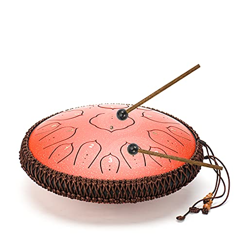 Amkoskr Stahlzungentrommel, 14 Zoll 35 cm Steel Tongue Drum, D-Dur 15 Noten, Handtrommel HandPan Drum mit Drumsticks/Tragetasche(Rot) - Image 4