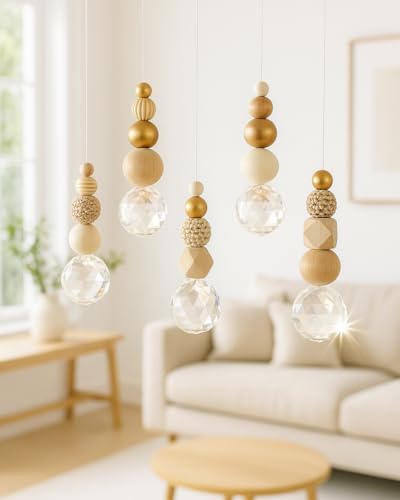 Susan's Choice Kristall Sonnenfänger Fenster – 5er Set Suncatcher mit Holzperlen & Kristallkugel, Sanftes Lichtspiel, Skandinavische Wohnraum Dekoration – zum selber basteln